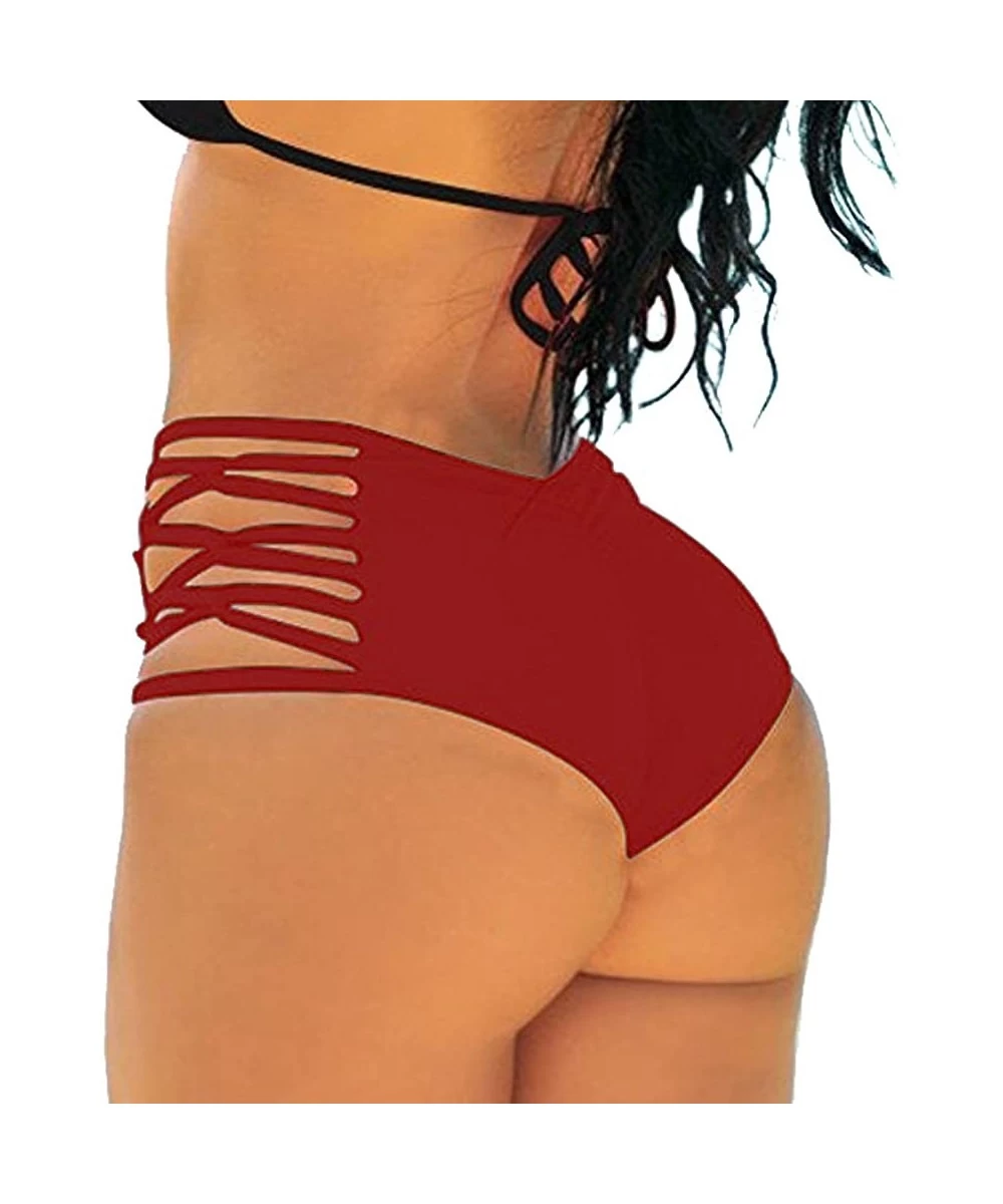 Tankinis Women's Sexy High Waist Bikini Bottom Strappy Cutouts Briefs with Tummy Control Design - 1 Red - CS18M8272MK