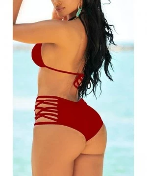 Tankinis Women's Sexy High Waist Bikini Bottom Strappy Cutouts Briefs with Tummy Control Design - 1 Red - CS18M8272MK