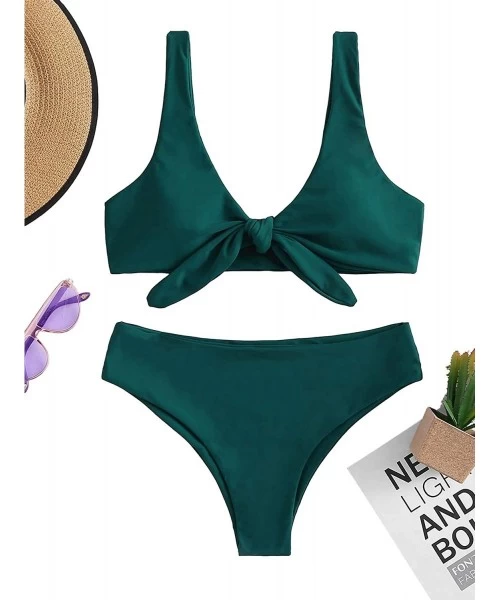 Sets Women's Sexy Bikini Swimsuit Tie Knot Front Swimwear Set - Detachable-green - CK18LYUXYA3