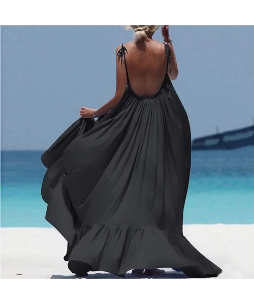 Bottoms Long Maxi Dress Backless Sleeveless Everning Party Beach Dresses High Waist Sexy Casual Loose Beach Dresses Black - C...