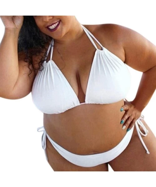 Sets Plus Size Solid Color Swimsuit for Women- Two Piece High Waist Strappy Lace Up V Neck Sexy Bikini Set - White - CV1965KUCSK