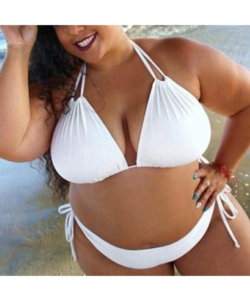 Sets Plus Size Solid Color Swimsuit for Women- Two Piece High Waist Strappy Lace Up V Neck Sexy Bikini Set - White - CV1965KUCSK