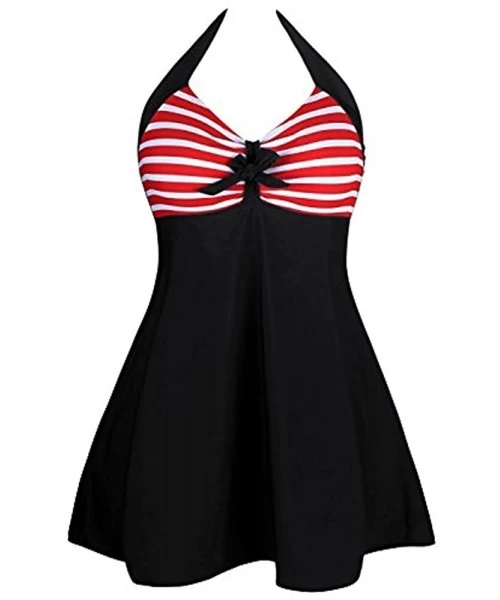 Cover-Ups Retro Sailor Pin Up One Piece Swimsuit Halter Neck Skirtini Swimdress with Bodyshorts BlackRed - C6182ZIDHK6