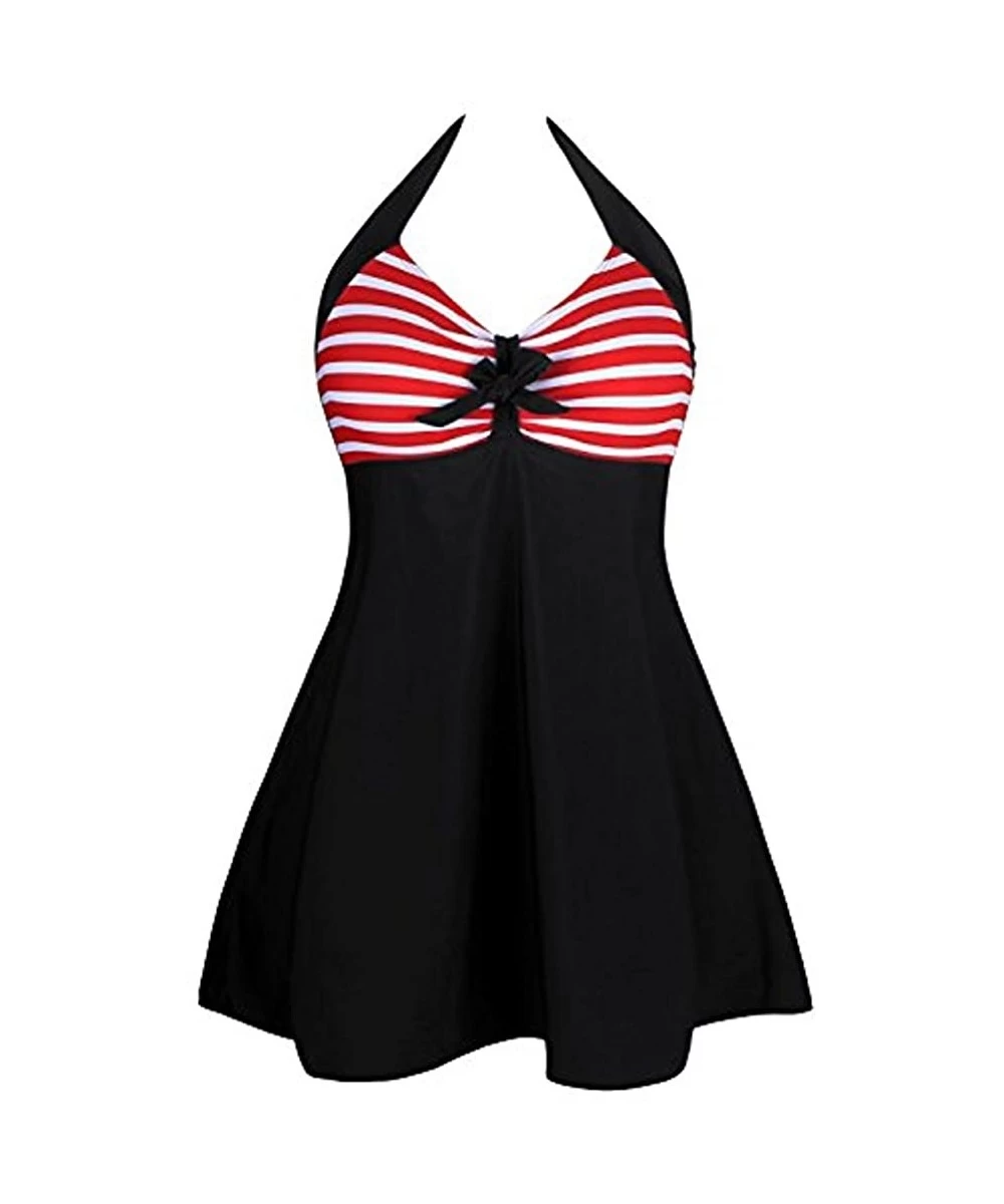 Cover-Ups Retro Sailor Pin Up One Piece Swimsuit Halter Neck Skirtini Swimdress with Bodyshorts BlackRed - C6182ZIDHK6