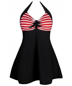 Cover-Ups Retro Sailor Pin Up One Piece Swimsuit Halter Neck Skirtini Swimdress with Bodyshorts BlackRed - C6182ZIDHK6