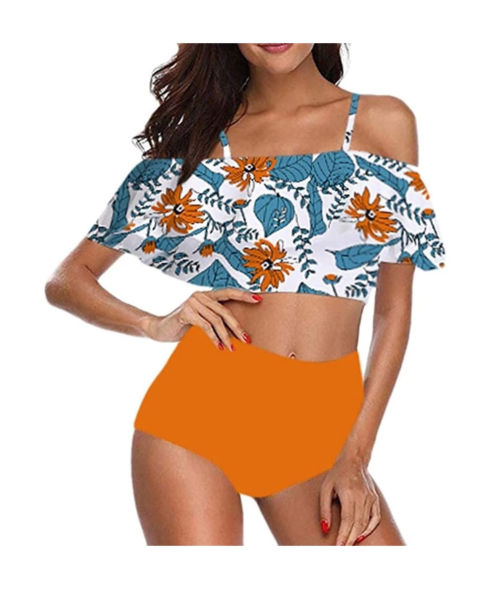 Sets Women Two Pieces Off Shoulder Swimsuits Ruffled Flounce Crop Top Bikini Bathing Suits High Waisted Bottom Tankini Set - ...