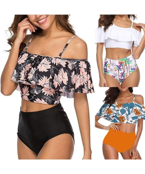 Sets Women Two Pieces Off Shoulder Swimsuits Ruffled Flounce Crop Top Bikini Bathing Suits High Waisted Bottom Tankini Set - ...