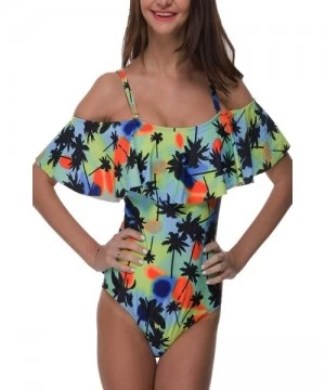 One-Pieces Women One Piece Bathing Suit Printed Shoulder Straps Ruched Swimwear Bikini Swimsuits - 1 Blue - CF18R24MC0O