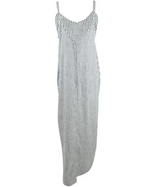 Cover-Ups Women's Plus Size Cotton Striped Maxi Dress Swim Cover-Up - Grey - CB19060AH9C