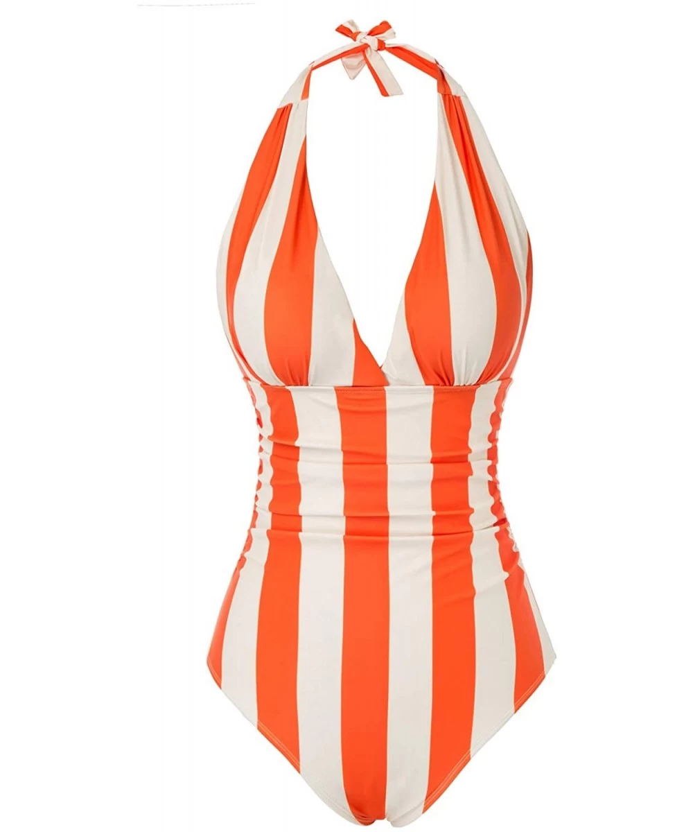 Sets Women One Piece Swimsuit Plunge Deep V Neck Halter Monokinis S-XXL - Yellow Stripe - CZ195UIKSY9