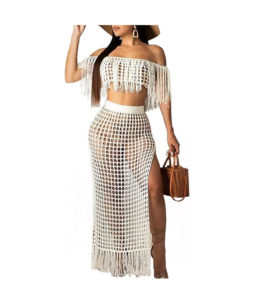 Cover-Ups New Fish net Tassel Beach Cover ups Sets Women Off Shoulder Tops +Long Skirts Bikini Swimwear Swimsuits Cover up Be...