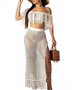 Cover-Ups New Fish net Tassel Beach Cover ups Sets Women Off Shoulder Tops +Long Skirts Bikini Swimwear Swimsuits Cover up Be...