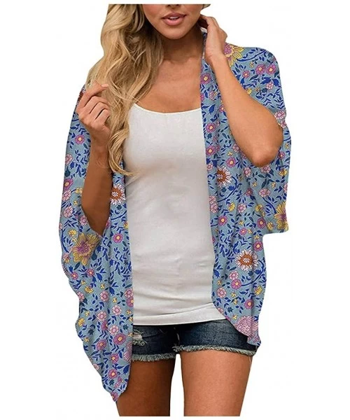 Cover-Ups Chiffon Floral Womens Kimono Cardigan Cover Up - Light Blue - CG19C8SUHD0