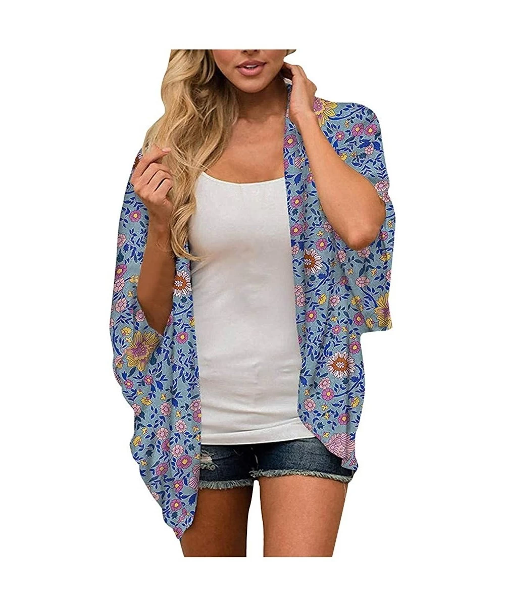 Cover-Ups Chiffon Floral Womens Kimono Cardigan Cover Up - Light Blue - CG19C8SUHD0