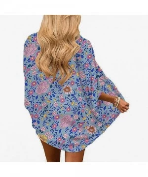 Cover-Ups Chiffon Floral Womens Kimono Cardigan Cover Up - Light Blue - CG19C8SUHD0