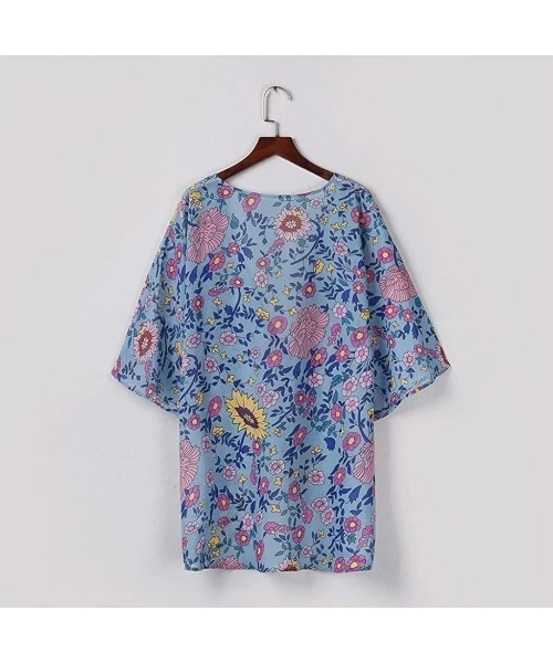 Cover-Ups Chiffon Floral Womens Kimono Cardigan Cover Up - Light Blue - CG19C8SUHD0