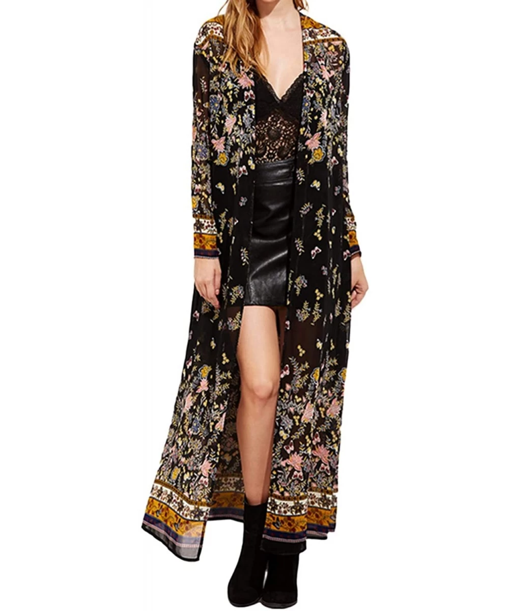 Cover-Ups Womens Floral Print Chiffon Kimono Cardigan Long Sleeve Tops Blouse Summer Beach Long Bikini Cover Up Maxi Dresses ...