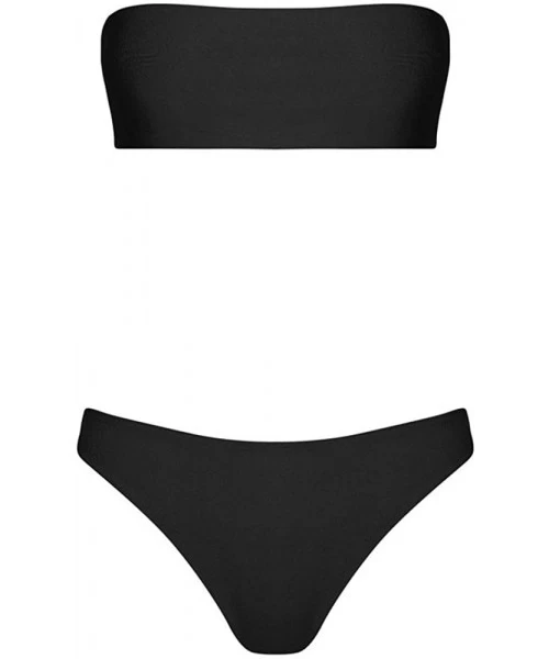 Sets Women Two Piece Swimsuits Tummy Control Bandeau Ruched Swimwear High Waisted Bathing Suit Push Up Bikini Sets X 3 Black ...