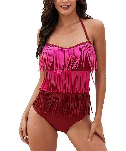 One-Pieces Women's Summer Halter One Piece Swimsuits Fringe Bathing Suit Tassel Monokini Swimwear - Rose - CA18QKI5ZOU