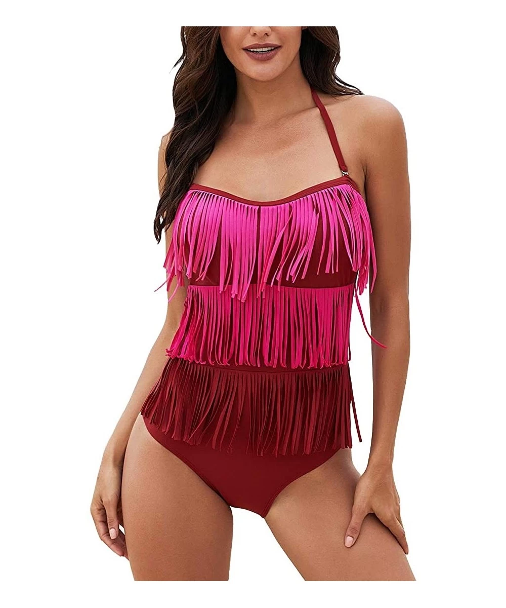 One-Pieces Women's Summer Halter One Piece Swimsuits Fringe Bathing Suit Tassel Monokini Swimwear - Rose - CA18QKI5ZOU