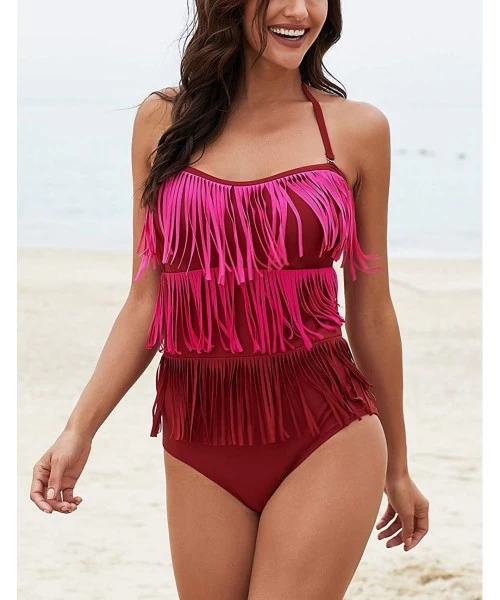 One-Pieces Women's Summer Halter One Piece Swimsuits Fringe Bathing Suit Tassel Monokini Swimwear - Rose - CA18QKI5ZOU