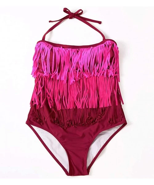 One-Pieces Women's Summer Halter One Piece Swimsuits Fringe Bathing Suit Tassel Monokini Swimwear - Rose - CA18QKI5ZOU