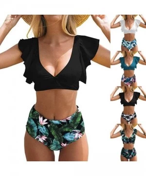 Sets Swimsuits for Women Tummy Control-Floral Ruffle Bikini Push Up Swimsuit High Waisted Bottom V Neck 2 Pieces Bathing Suit...