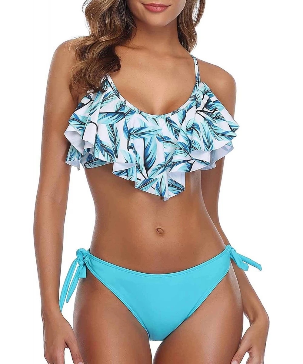 Sets Flounce Bikini Side Tie Bottom Padded Ruffled Top Two Piece Swimsuit for Women Cross Back Bathing Suit Blue leaves - CK1...