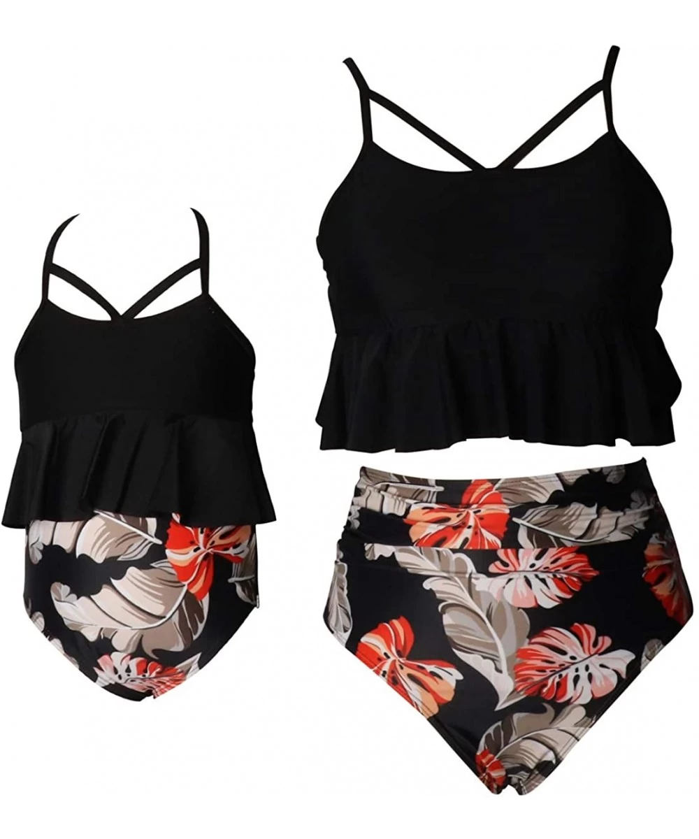 Sets Mommy and Me Swimsuits Two Piece Swimwear Matching Family High Waisted Bikini - Black - CP196UL45E0