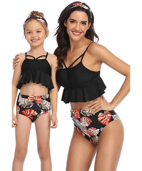 Sets Mommy and Me Swimsuits Two Piece Swimwear Matching Family High Waisted Bikini - Black - CP196UL45E0