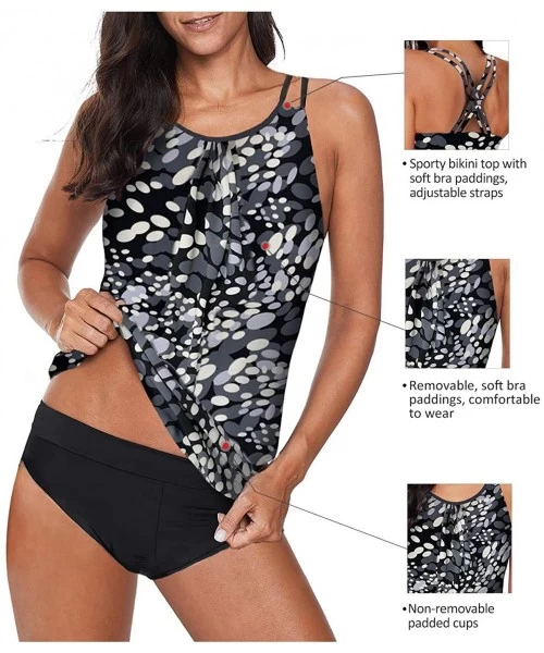 Tankinis Women 2 Piece Blouson Printed Strappy Criss Cross Back Tankini Top with Bikini Bottom Bathing Suits - Gray - CX196Z8...