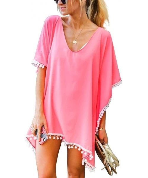 Cover-Ups Women's Sexy Spaghetti Strap Backless Long Wrap Beach Dress Bikini Cover up - Pink(with White Tassels) - CO18UHUAXLT