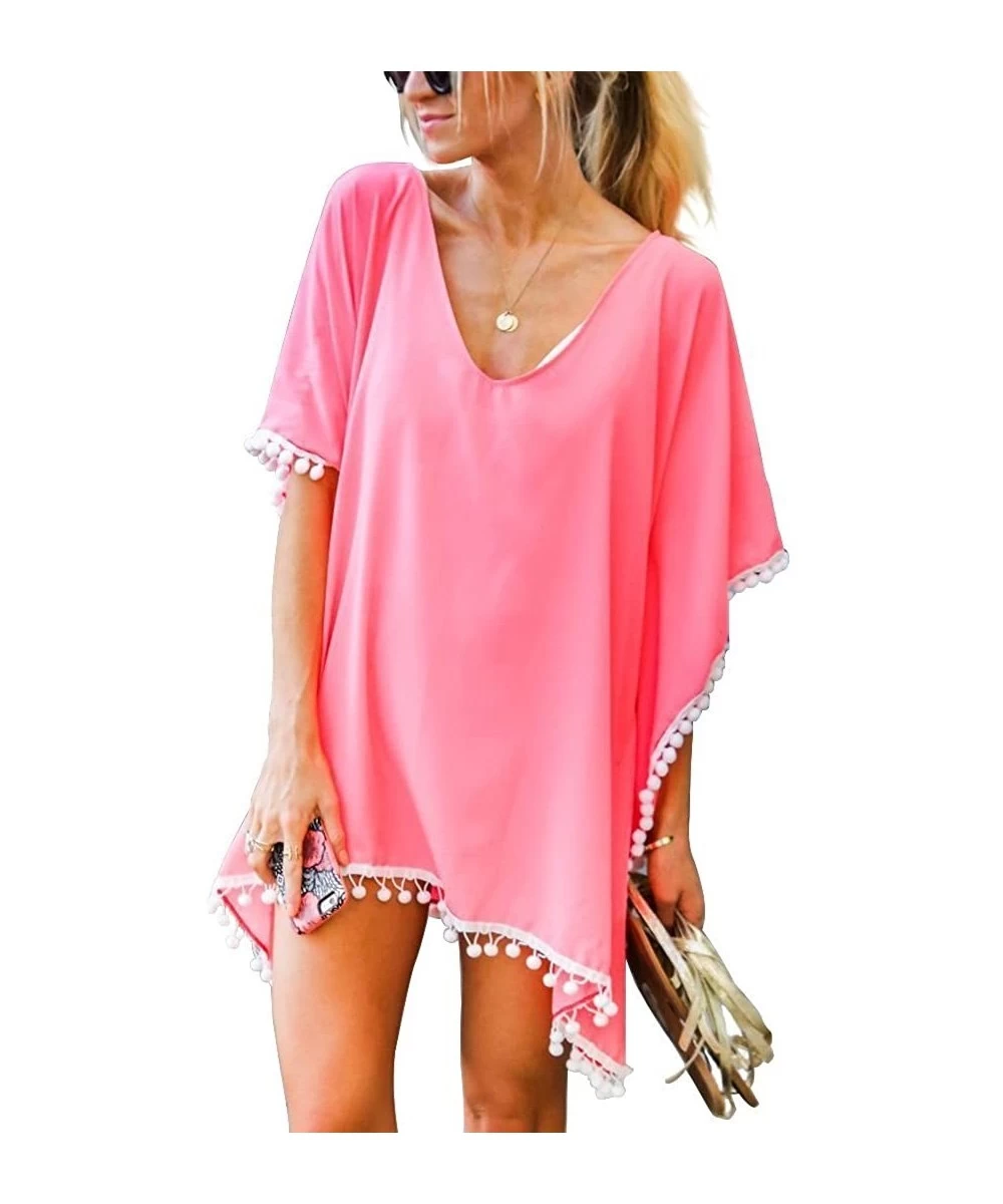 Cover-Ups Women's Sexy Spaghetti Strap Backless Long Wrap Beach Dress Bikini Cover up - Pink(with White Tassels) - CO18UHUAXLT