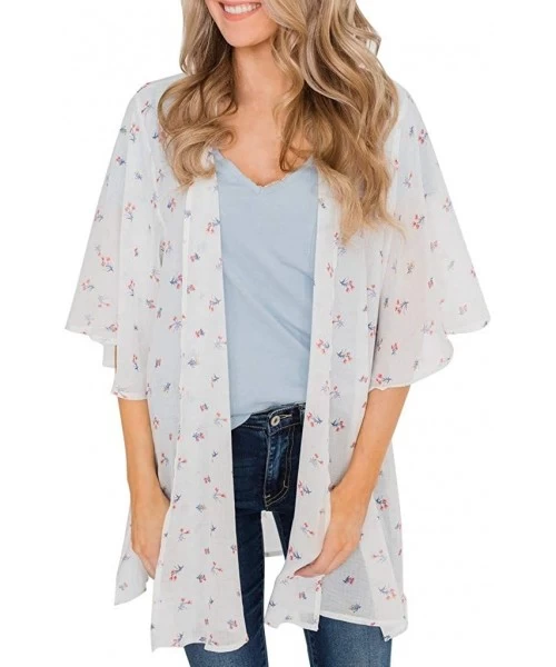 Cover-Ups Womens Kimono Cardigan- Midi Length Chiffon Shawl Floral Print Top Cover Up Blouse Smock - 6 White - CO18TR9Q3MT