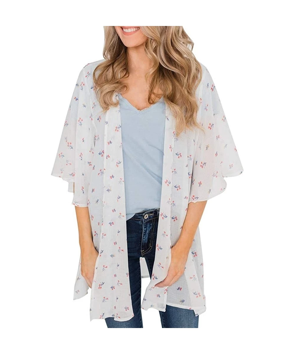 Cover-Ups Womens Kimono Cardigan- Midi Length Chiffon Shawl Floral Print Top Cover Up Blouse Smock - 6 White - CO18TR9Q3MT