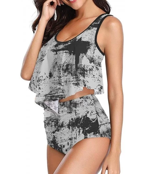 Tankinis Women's Printed Two Piece V-Neck Tankini Swimsuits with Skirt - W-grey - C5190WZOWSX