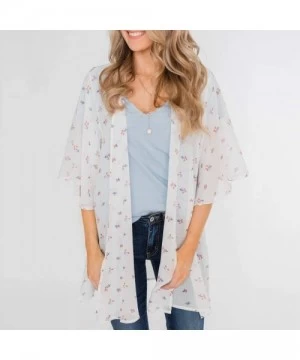 Cover-Ups Womens Kimono Cardigan- Midi Length Chiffon Shawl Floral Print Top Cover Up Blouse Smock - 6 White - CO18TR9Q3MT