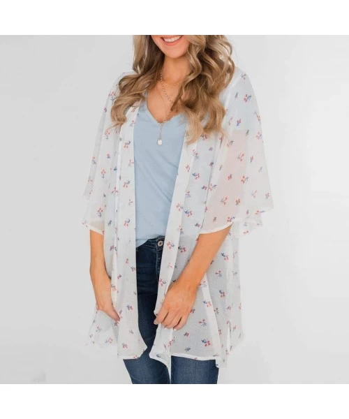 Cover-Ups Womens Kimono Cardigan- Midi Length Chiffon Shawl Floral Print Top Cover Up Blouse Smock - 6 White - CO18TR9Q3MT