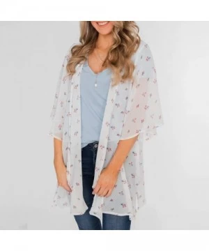 Cover-Ups Womens Kimono Cardigan- Midi Length Chiffon Shawl Floral Print Top Cover Up Blouse Smock - 6 White - CO18TR9Q3MT