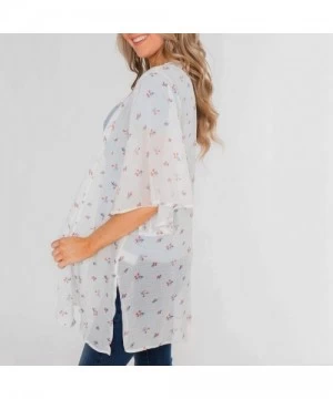 Cover-Ups Womens Kimono Cardigan- Midi Length Chiffon Shawl Floral Print Top Cover Up Blouse Smock - 6 White - CO18TR9Q3MT