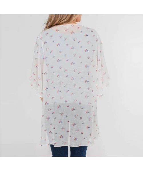 Cover-Ups Womens Kimono Cardigan- Midi Length Chiffon Shawl Floral Print Top Cover Up Blouse Smock - 6 White - CO18TR9Q3MT