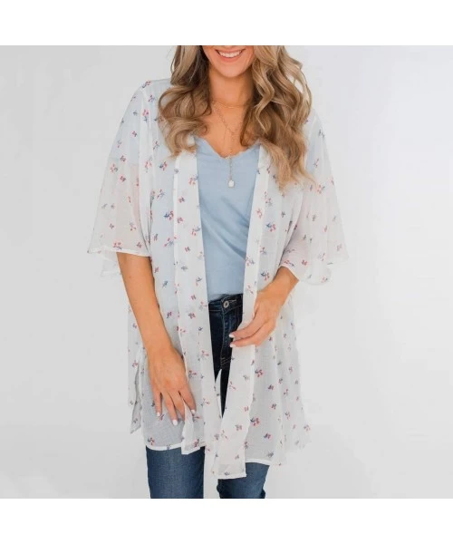 Cover-Ups Womens Kimono Cardigan- Midi Length Chiffon Shawl Floral Print Top Cover Up Blouse Smock - 6 White - CO18TR9Q3MT