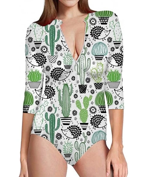 Rash Guards Womens One Piece Swimsuit Zip Front Printed 3/4 Short Sleeve Rash Guard UPF 50++ Sun Protection Swimwear - Cactus...