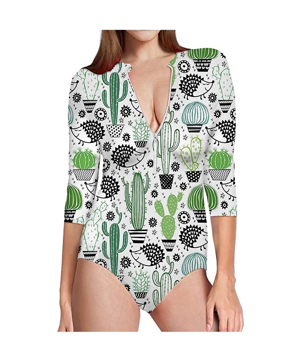 Rash Guards Womens One Piece Swimsuit Zip Front Printed 3/4 Short Sleeve Rash Guard UPF 50++ Sun Protection Swimwear - Cactus...