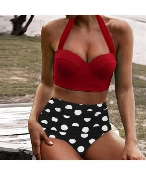 Sets Women High Waisted Bikinis Halter Bandage Swimuit Retro Print Two Piece Bathing Suits Bikini Set - Wine a - C719585RD6W