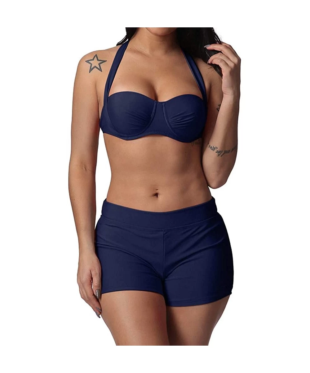 Sets Two Pieces Bathing Suit Women Solid Lace Up Bikini Swimsuits Swimwear Beachwear - A Dark Blue - C418S0LZS3A