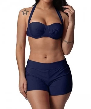 Sets Two Pieces Bathing Suit Women Solid Lace Up Bikini Swimsuits Swimwear Beachwear - A Dark Blue - C418S0LZS3A