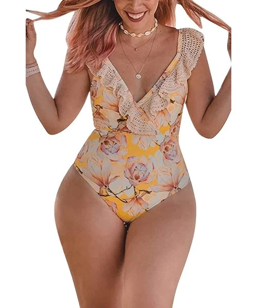 One-Pieces Women's One Piece Swimwear Deep V Neck Swimsuit Monokini Bathing Suit with Crochet Lace Flounces Beachwear Yellow ...