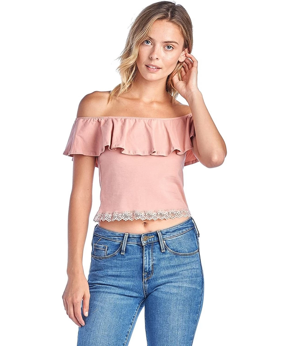 Tankinis Women's Sleeveless Ruffle Flounce Off Shoulder Lace Hem Tube Cotton Crop Top - Mauve - CC18HSHYKZQ