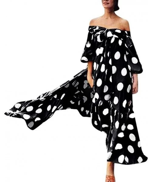 One-Pieces Women Off Shoulder Polka Dot Printed Maxi Dress Plus Size Summer Ruffle Bow Long Dress - Black - CG18TA3WKUC